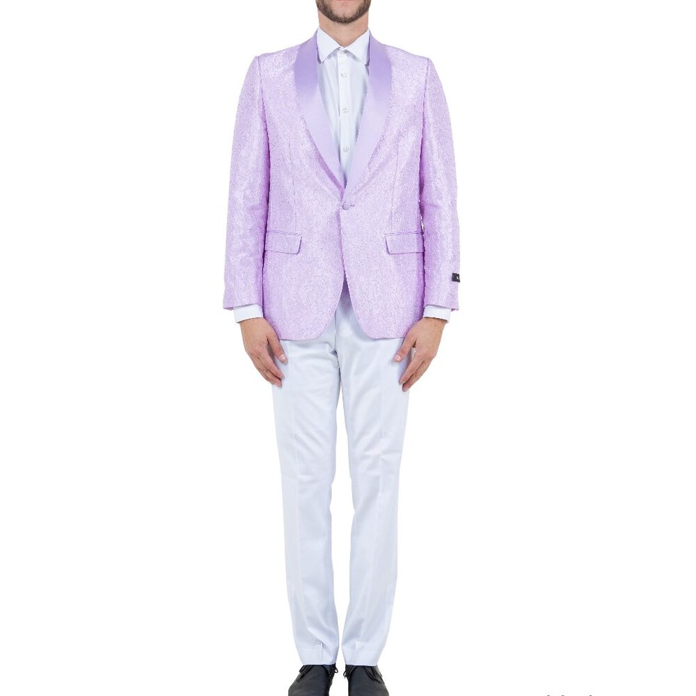 Lavender Paisley Satin Shawl Collar Men's Jacket